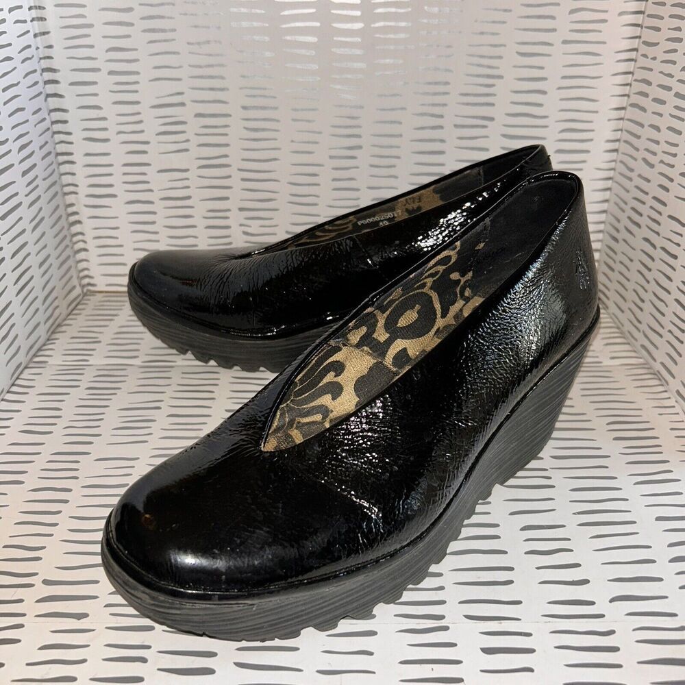 Fly London Black Wedge Shoes with Shiny Finish
